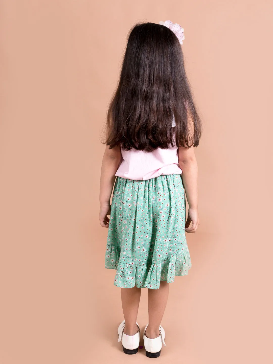 Girls Green Pink Printed T-Shirt With Skirt - Ps Peaches