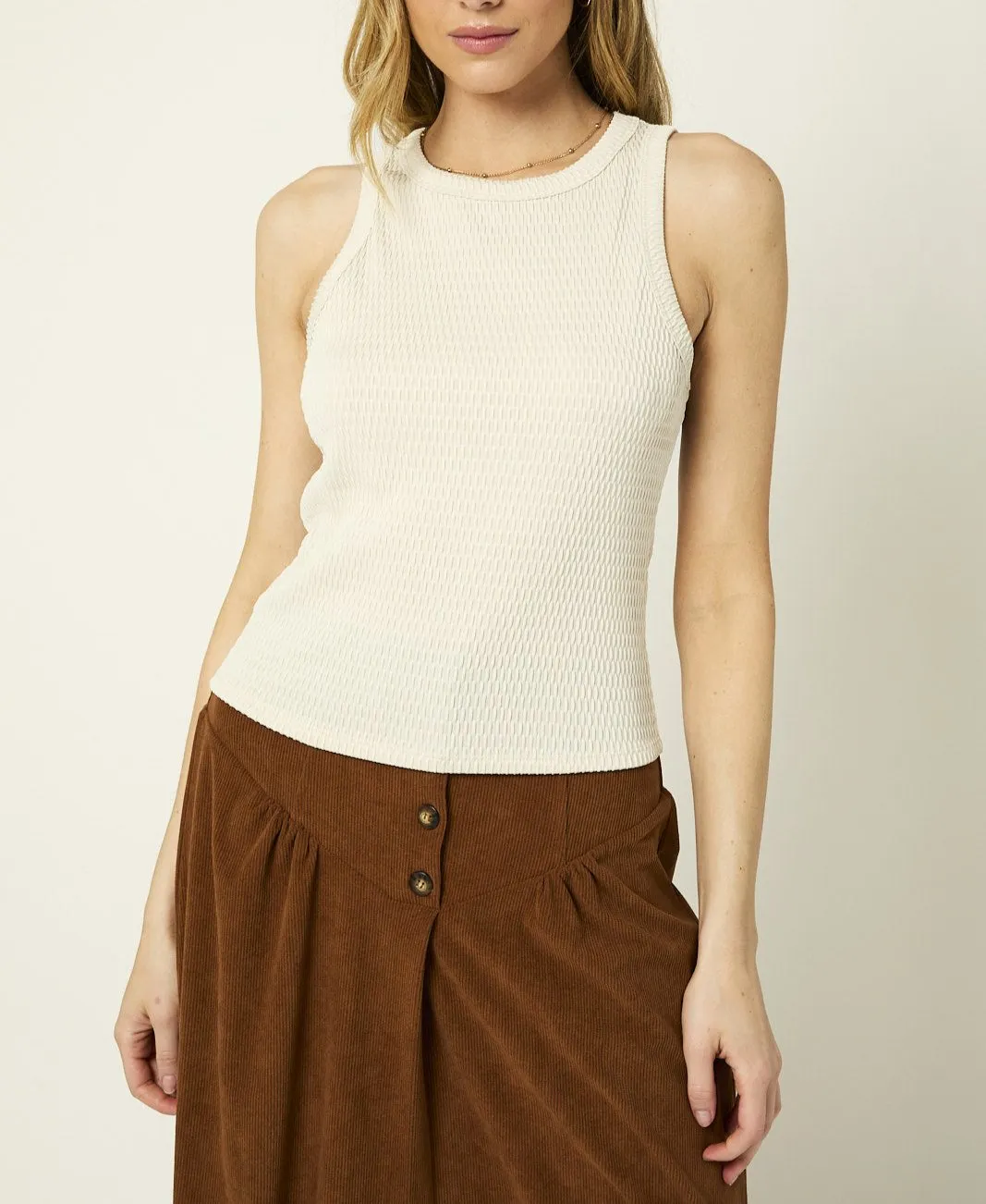 Gracie Round Neck Textured Knit Tank Top in Oat