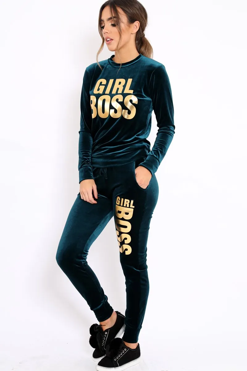 Green Velvet Girl Boss Slogan Tracksuit - Kacie