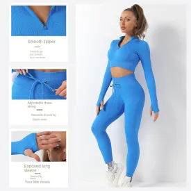 Hzori Seamless Yoga Clothes Long-Sleeved Sports Suit Women's Zipper Workout Clothes Yoga Jacket Yoga Pants Trousers