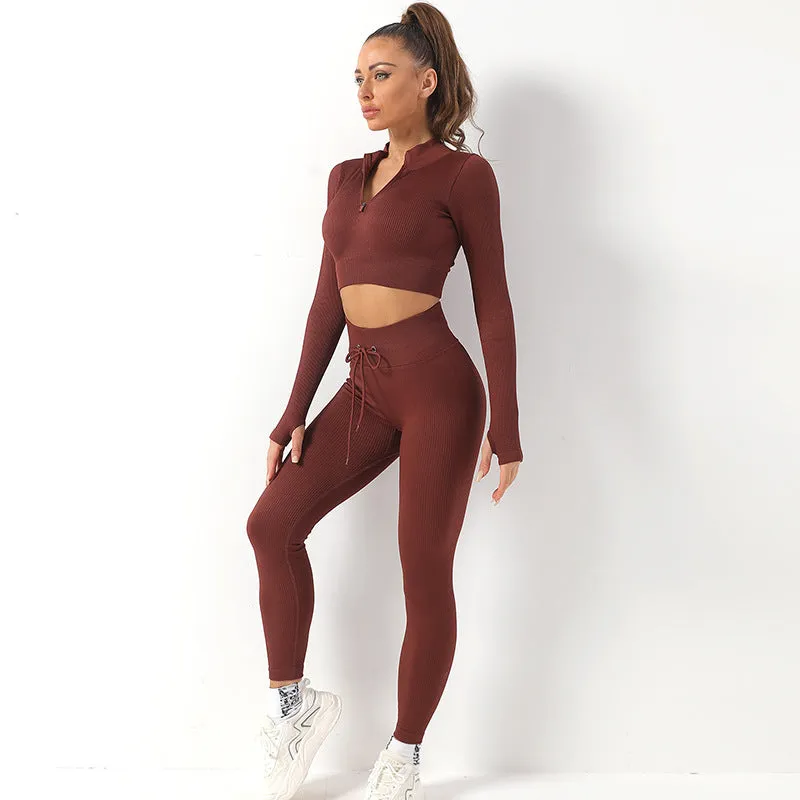 Hzori Seamless Yoga Clothes Long-Sleeved Sports Suit Women's Zipper Workout Clothes Yoga Jacket Yoga Pants Trousers