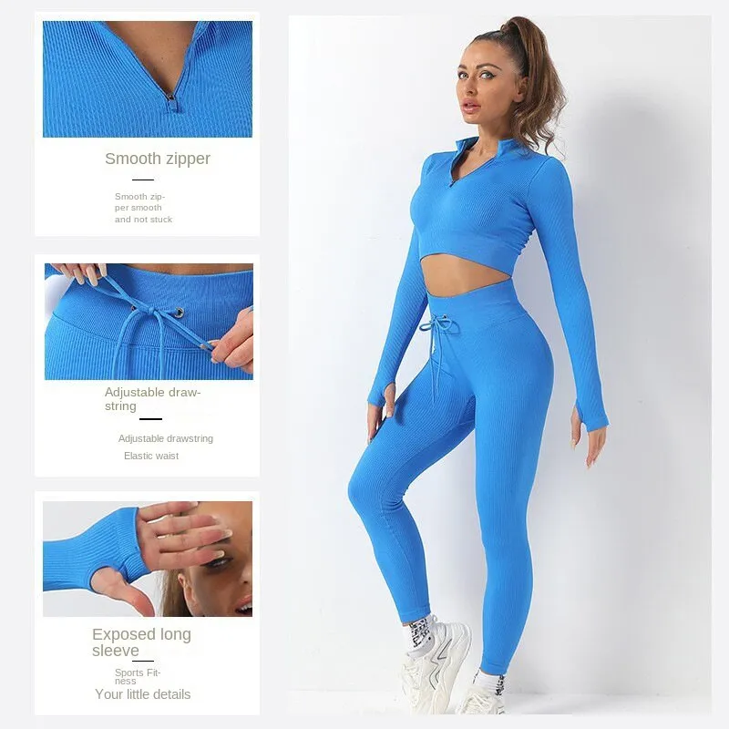 Hzori Seamless Yoga Clothes Long-Sleeved Sports Suit Women's Zipper Workout Clothes Yoga Jacket Yoga Pants Trousers