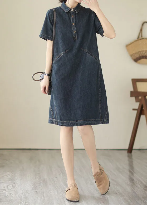 Italian Navy Peter Pan Collar Pockets Patchwork Denim Shirts Dress Summer LY3925