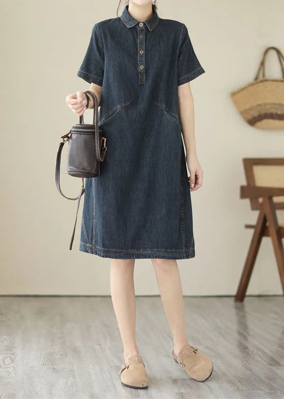 Italian Navy Peter Pan Collar Pockets Patchwork Denim Shirts Dress Summer LY3925