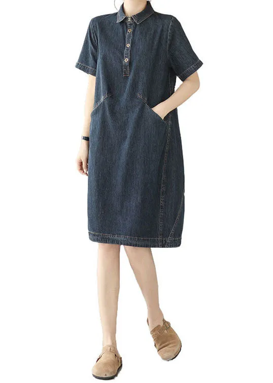 Italian Navy Peter Pan Collar Pockets Patchwork Denim Shirts Dress Summer LY3925