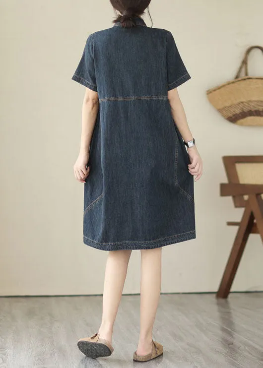 Italian Navy Peter Pan Collar Pockets Patchwork Denim Shirts Dress Summer LY3925