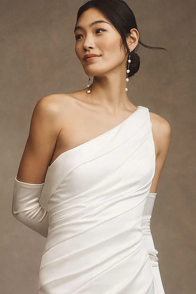 Jenny by Jenny Yoo Elora Satin One Shoulder Ruched Wedding Dress, Ivory