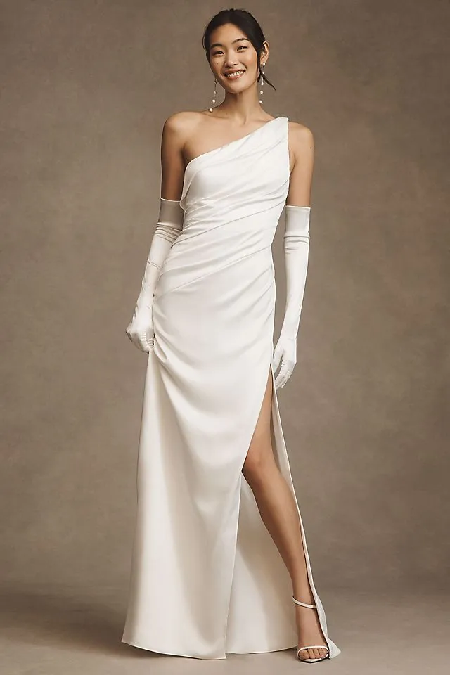 Jenny by Jenny Yoo Elora Satin One Shoulder Ruched Wedding Dress, Ivory