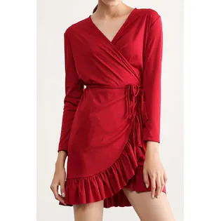 Ketty More Women Long Sleeve Modernize Irregular Ruffled Hem Solid Colored Soft Dress - KMWD66582