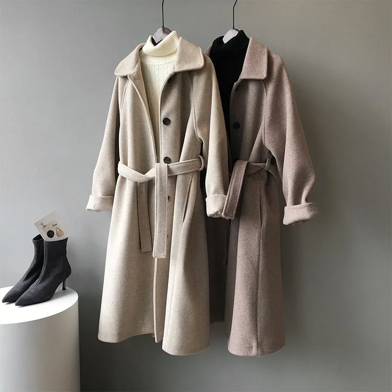 [Korean Style] High Quality Fully Lined Single Breasted A Line Belted Long Woolen Coat