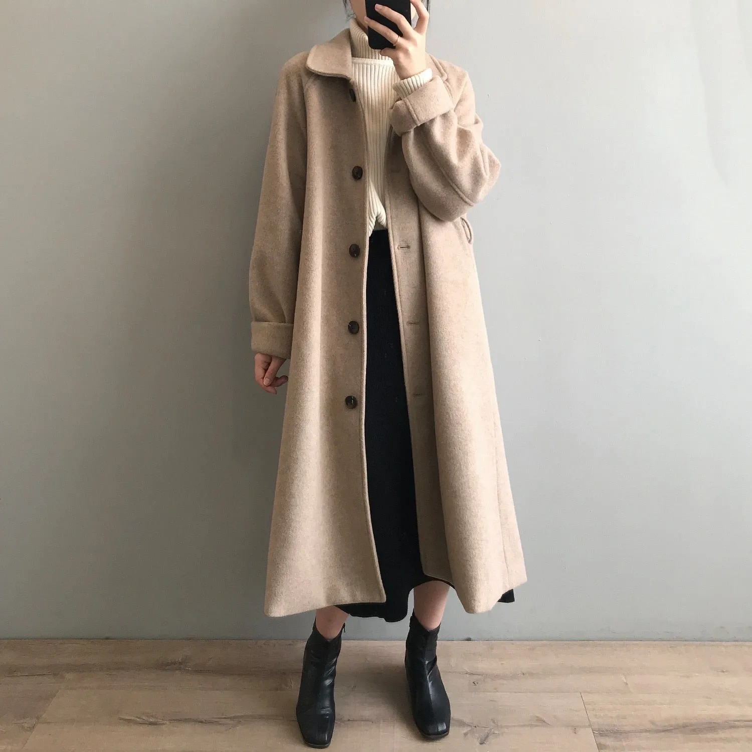 [Korean Style] High Quality Fully Lined Single Breasted A Line Belted Long Woolen Coat