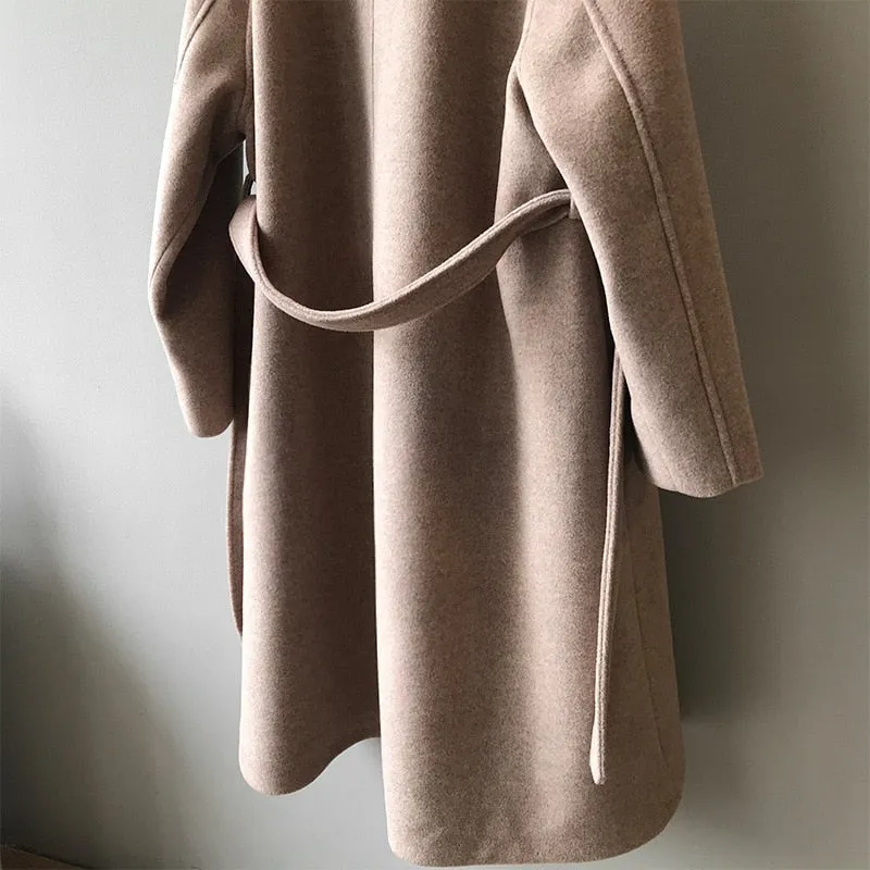 [Korean Style] High Quality Fully Lined Single Breasted A Line Belted Long Woolen Coat