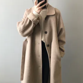 [Korean Style] High Quality Fully Lined Single Breasted A Line Belted Long Woolen Coat