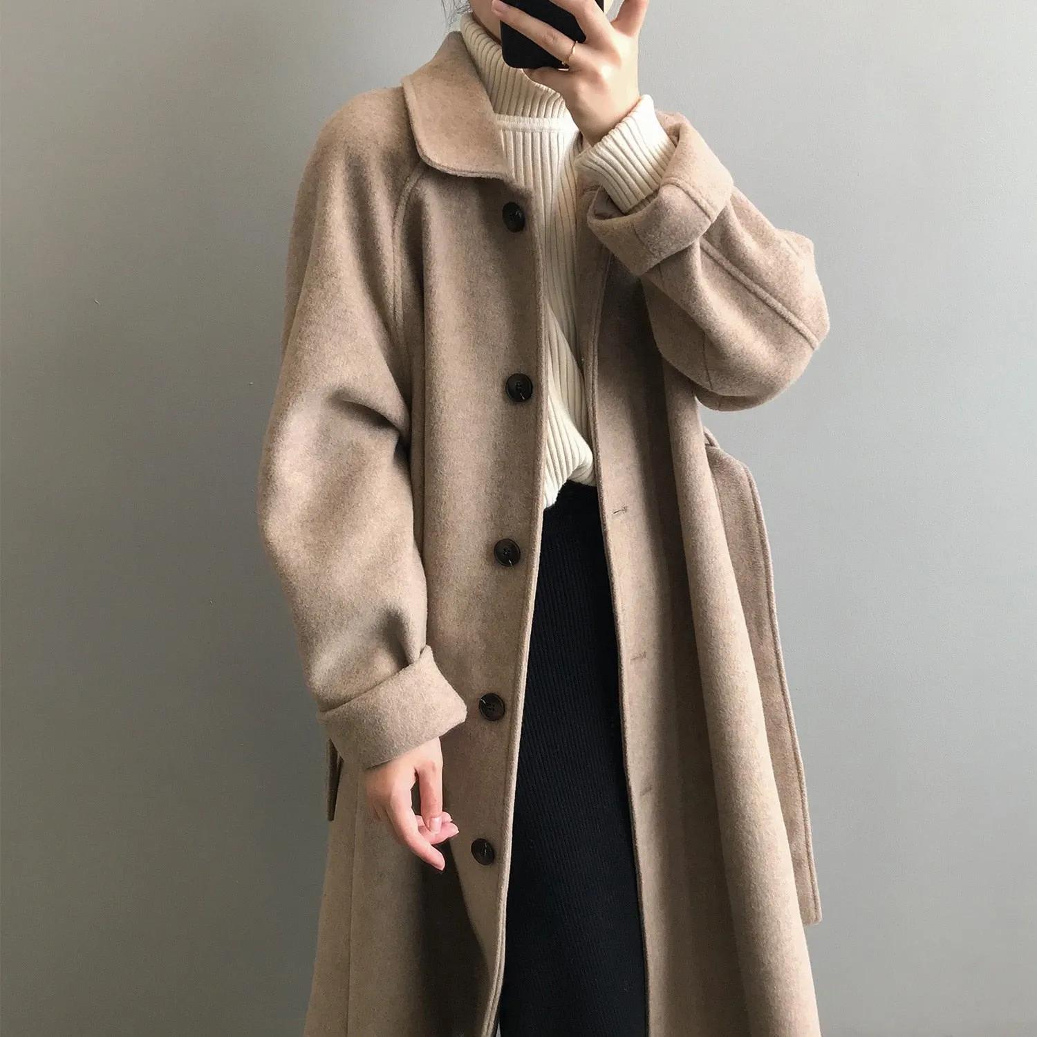 [Korean Style] High Quality Fully Lined Single Breasted A Line Belted Long Woolen Coat