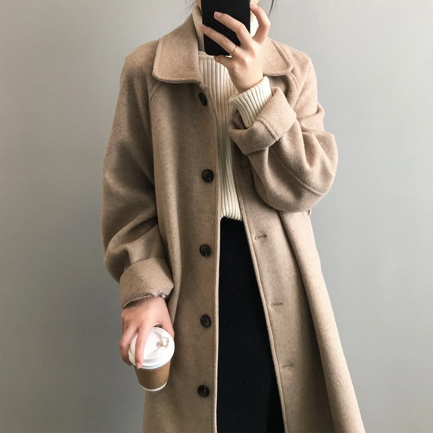 [Korean Style] High Quality Fully Lined Single Breasted A Line Belted Long Woolen Coat