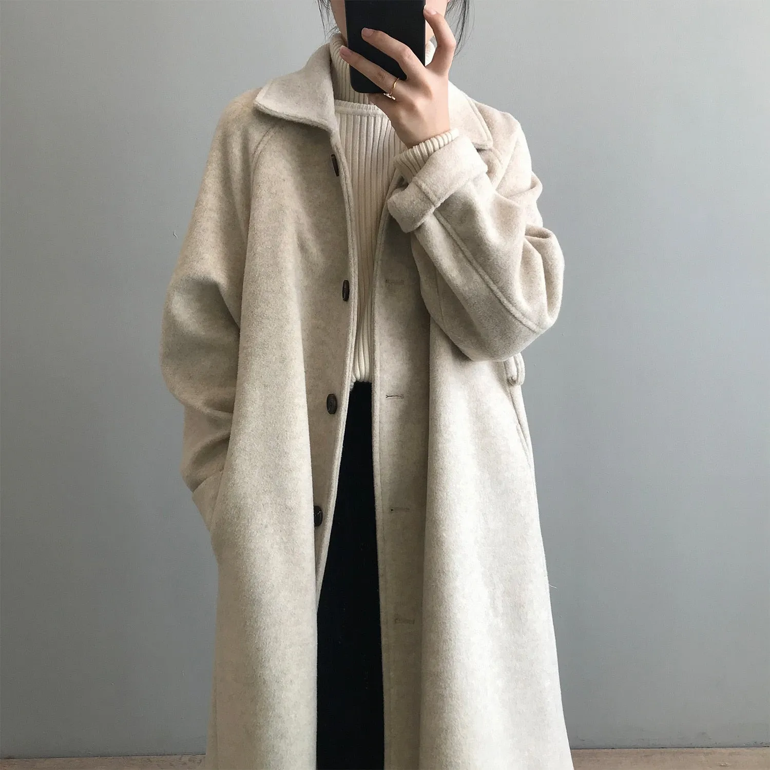 [Korean Style] High Quality Fully Lined Single Breasted A Line Belted Long Woolen Coat