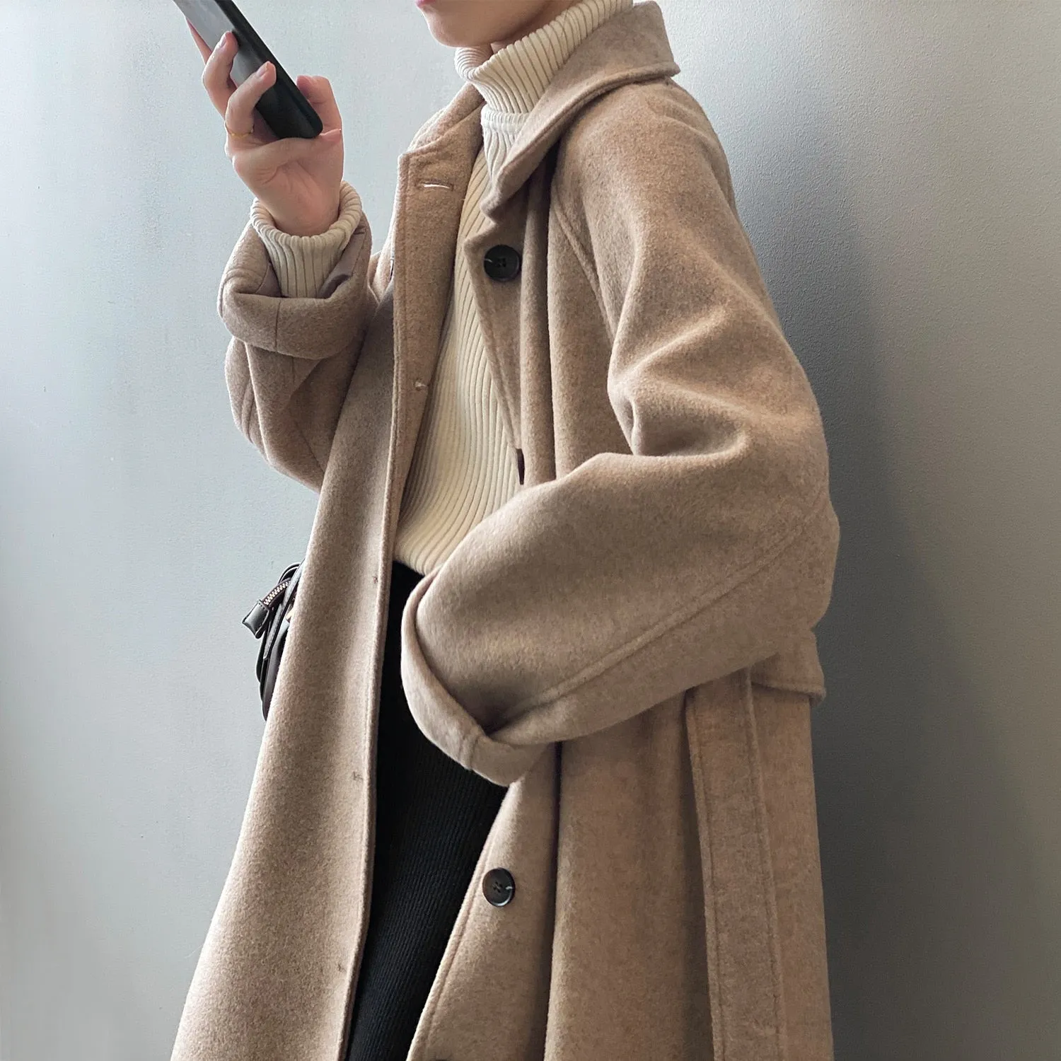 [Korean Style] High Quality Fully Lined Single Breasted A Line Belted Long Woolen Coat