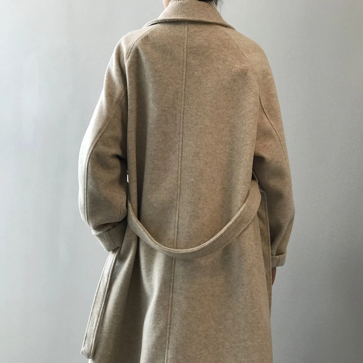 [Korean Style] High Quality Fully Lined Single Breasted A Line Belted Long Woolen Coat