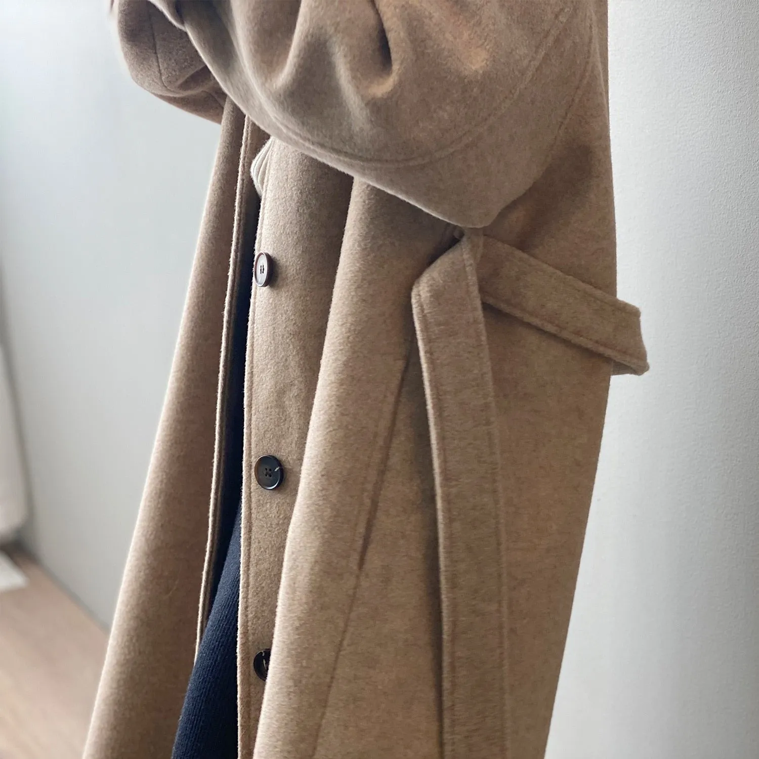 [Korean Style] High Quality Fully Lined Single Breasted A Line Belted Long Woolen Coat