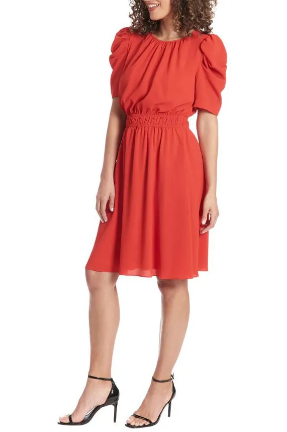 London Times Shirred Jewel Neck Puff Sleeve Midi Dress