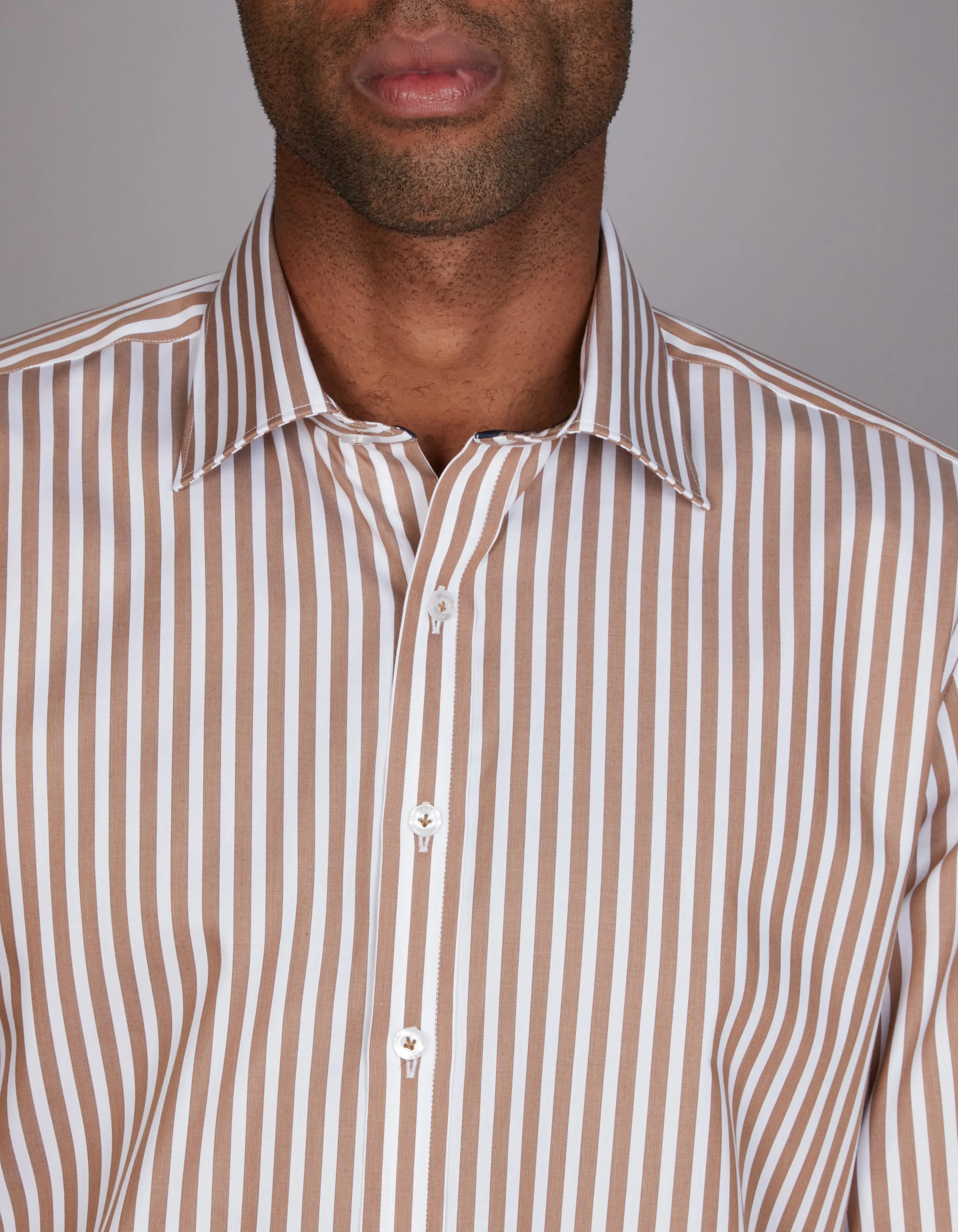 Long Sleeve Business Shirt - Stripe - Camel & White