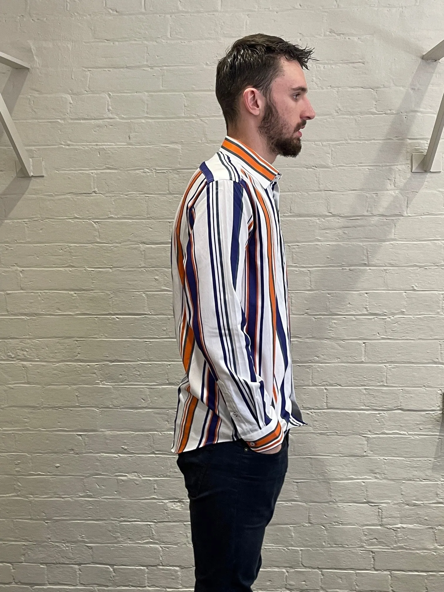 Long Sleeve Business Shirt - Striped - White, Navy & Orange