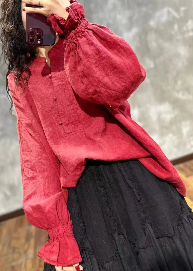 Loose Red Stand Collar Ruffled Linen Shirt Top Fall ML2285