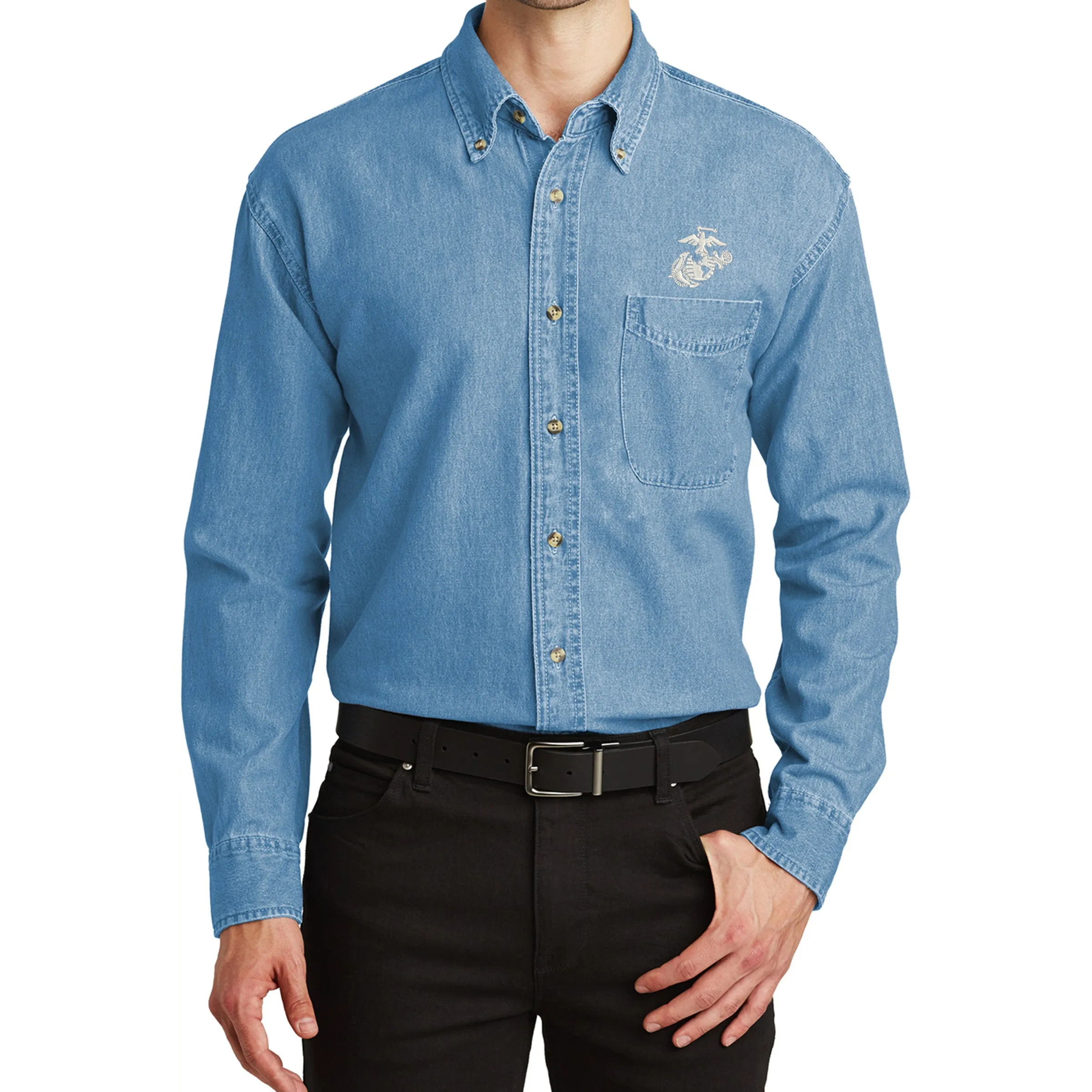 Marines Embroidered Faded Denim Button Up