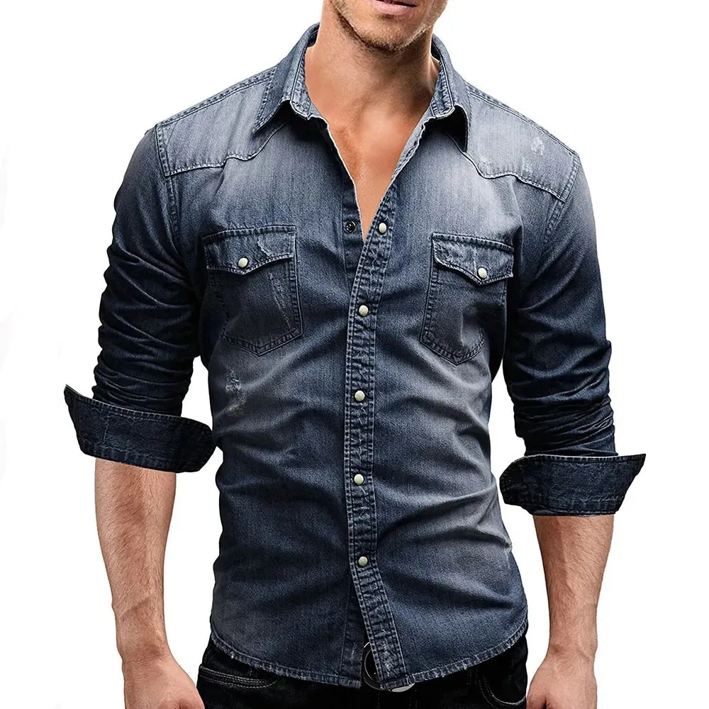 Men's Double Pocket Casual Long Sleeve Denim Shirt