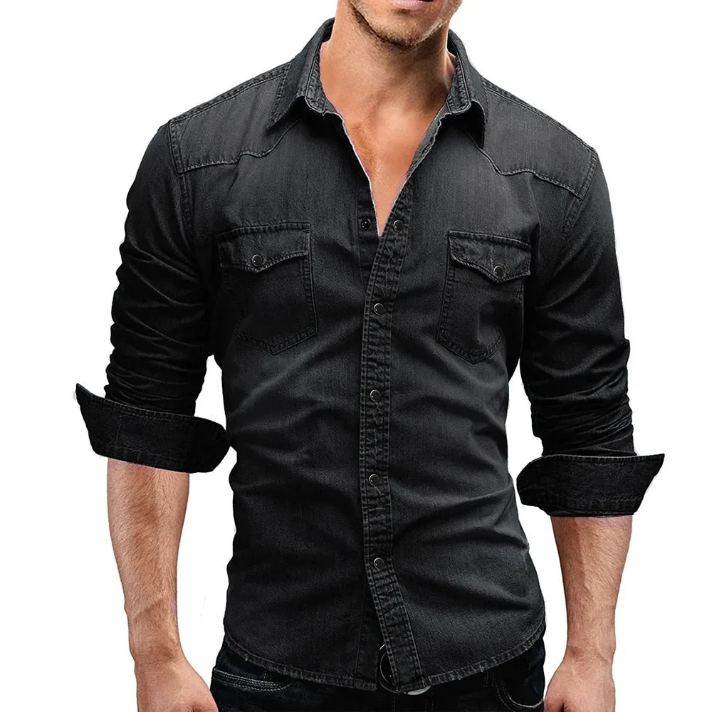 Men's Double Pocket Casual Long Sleeve Denim Shirt