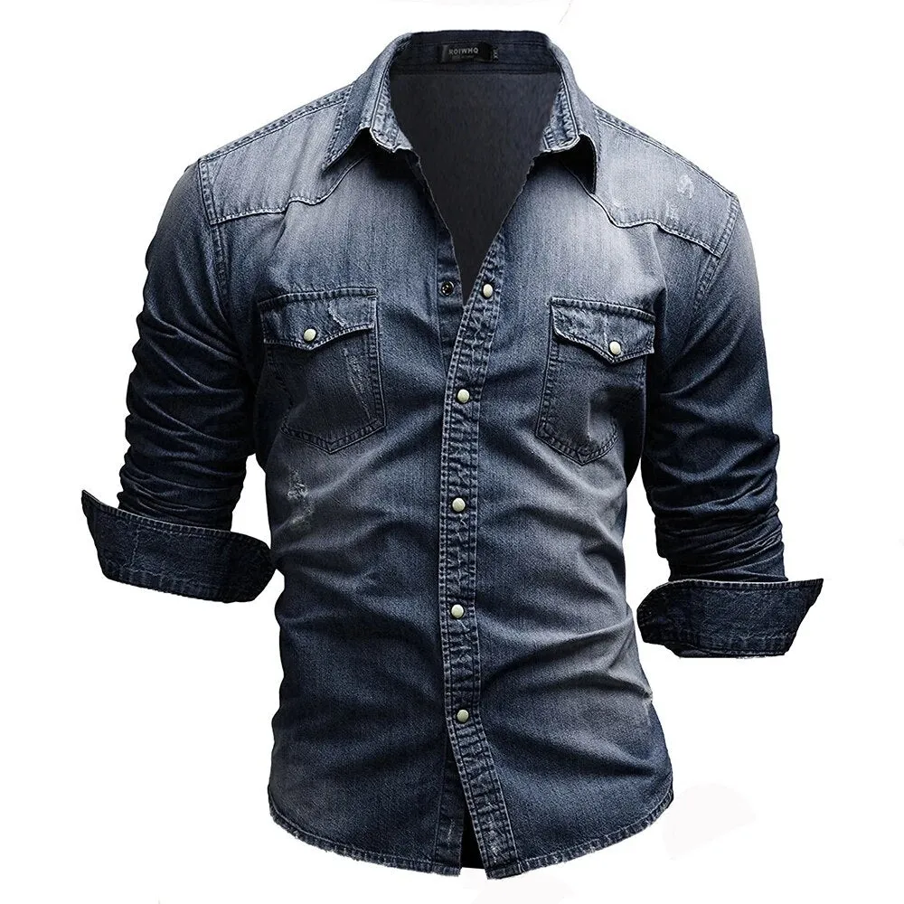 Men's Double Pocket Casual Long Sleeve Denim Shirt