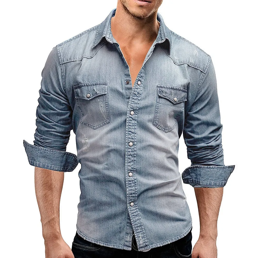 Men's Double Pocket Casual Long Sleeve Denim Shirt