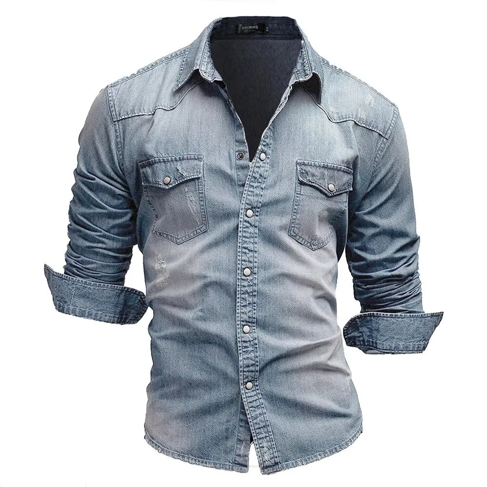 Men's Double Pocket Casual Long Sleeve Denim Shirt