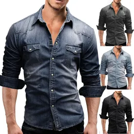 Men's Double Pocket Casual Long Sleeve Denim Shirt