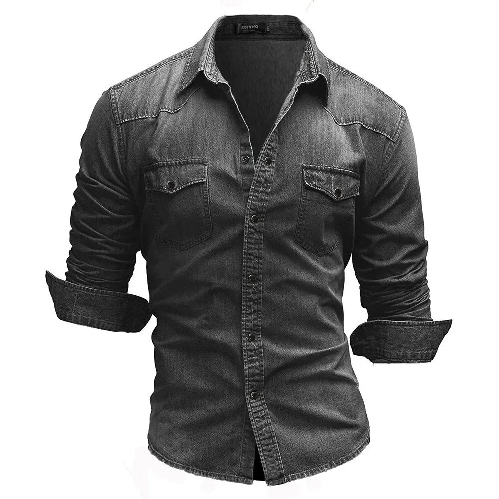 Men's Double Pocket Casual Long Sleeve Denim Shirt