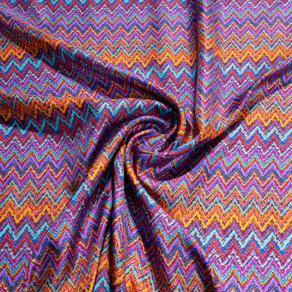 Multi-Coloured Zig Zag Printed Pure Silk Twill