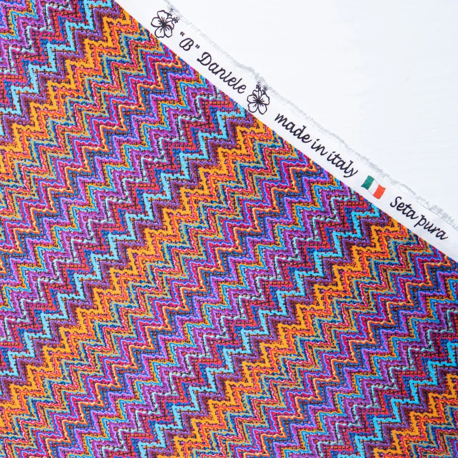 Multi-Coloured Zig Zag Printed Pure Silk Twill