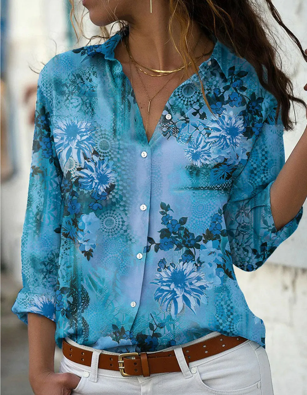 Plus Size Floral Printed Lapel Button Front Stand-up Collar Loose Long Sleeve Shirt