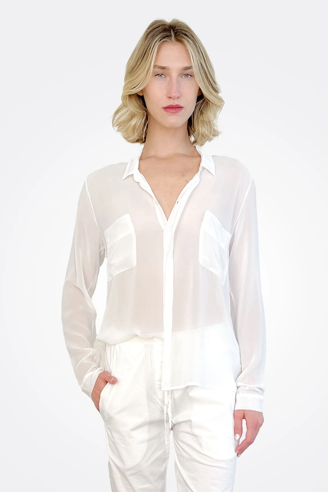 Pocket Silk Button Down - White