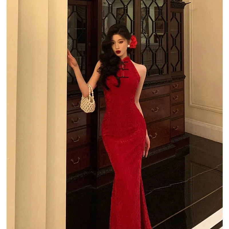 Red cheongsam dress new retro mermaid long party dress     S5647