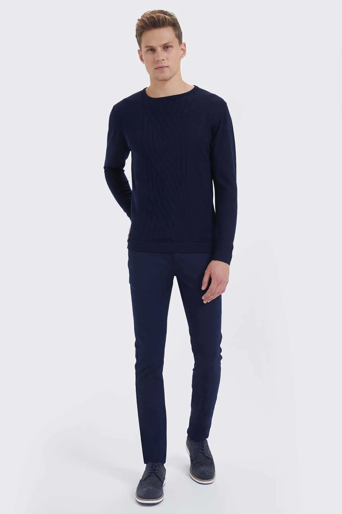 Regular Fit Plain Wool Blend Navy Crewneck Sweater, Navy