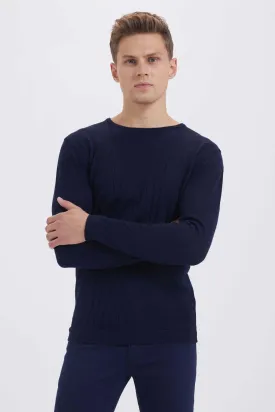 Regular Fit Plain Wool Blend Navy Crewneck Sweater, Navy