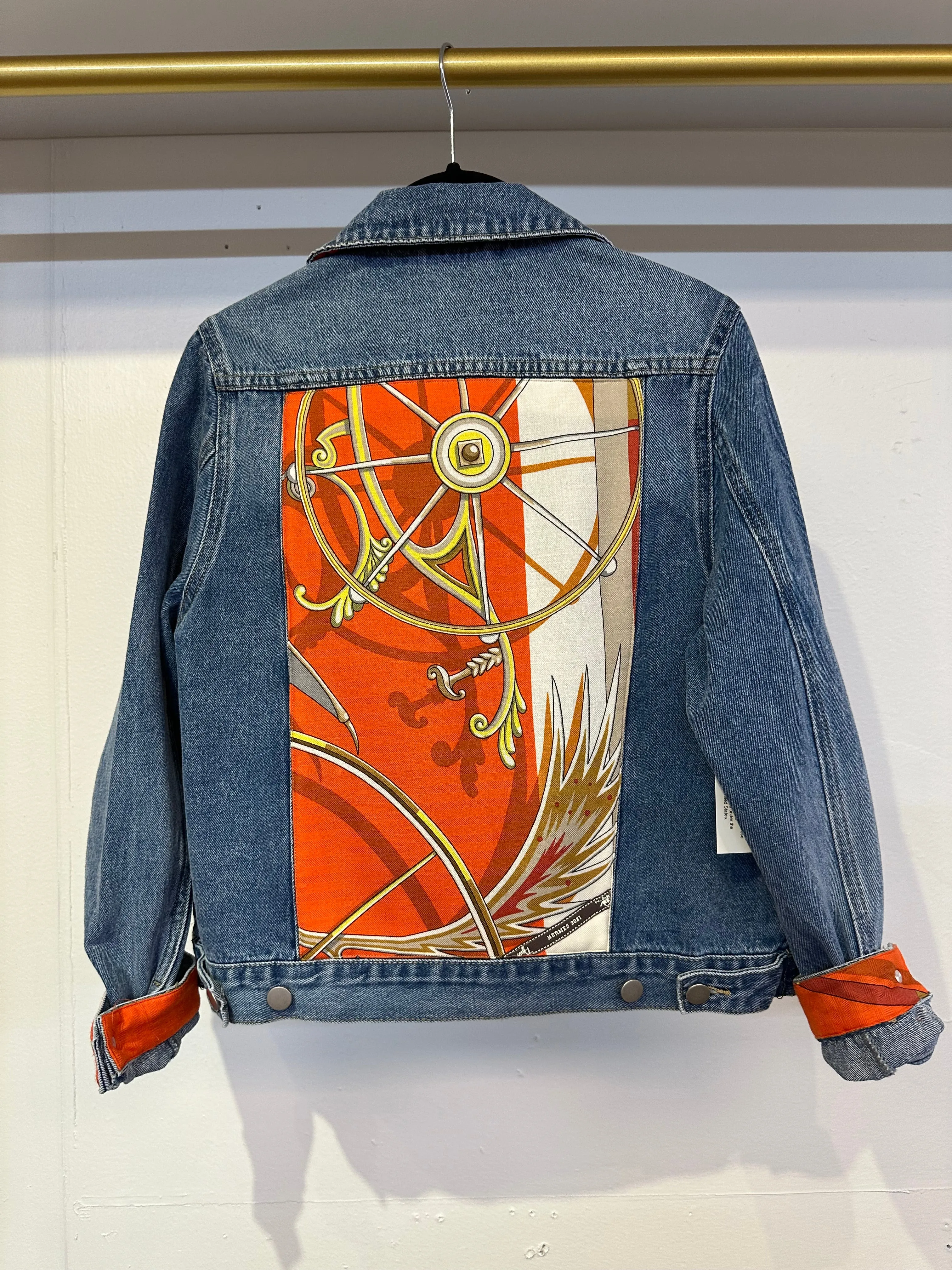 Repurposed Scarf Denim Jacket - Denim and Orange