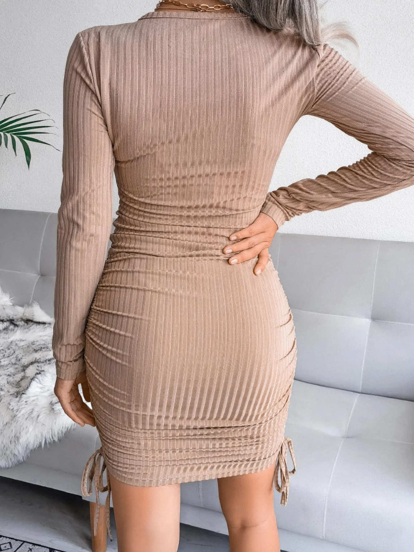 Round Neck Long Sleeve Tie Ruched Mini Dress