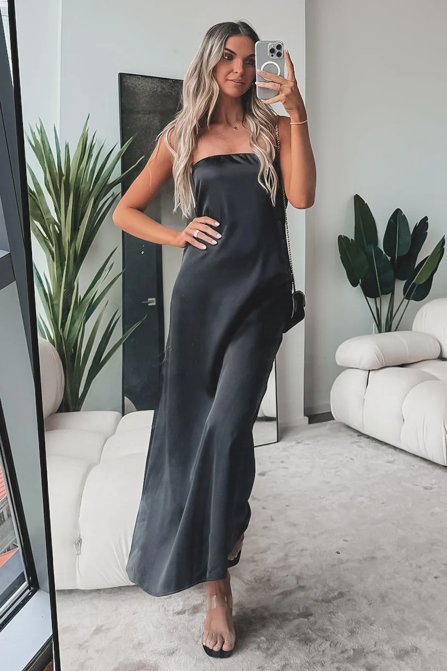 Sassy Side Strapless Black Satin Maxi Dress