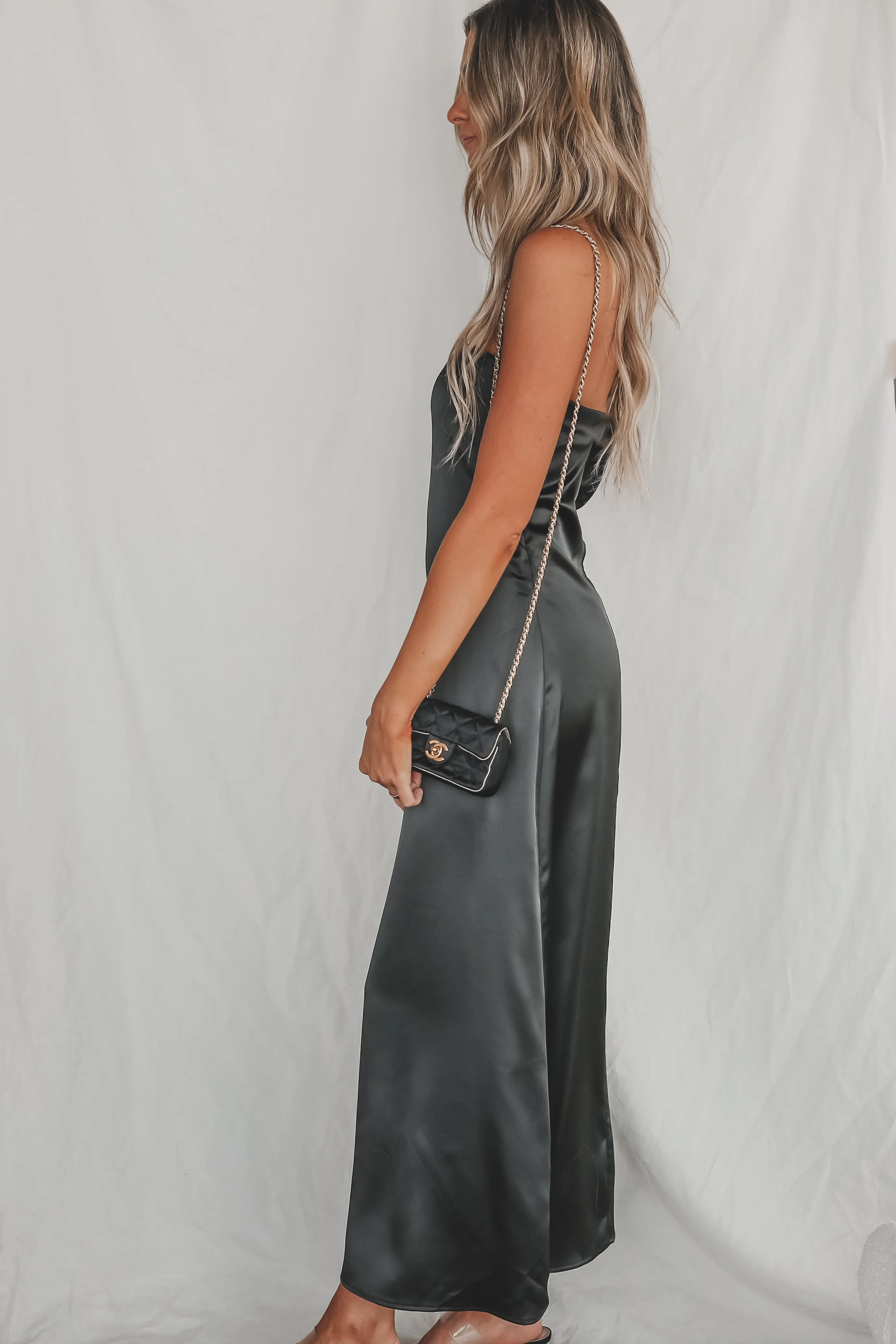 Sassy Side Strapless Black Satin Maxi Dress