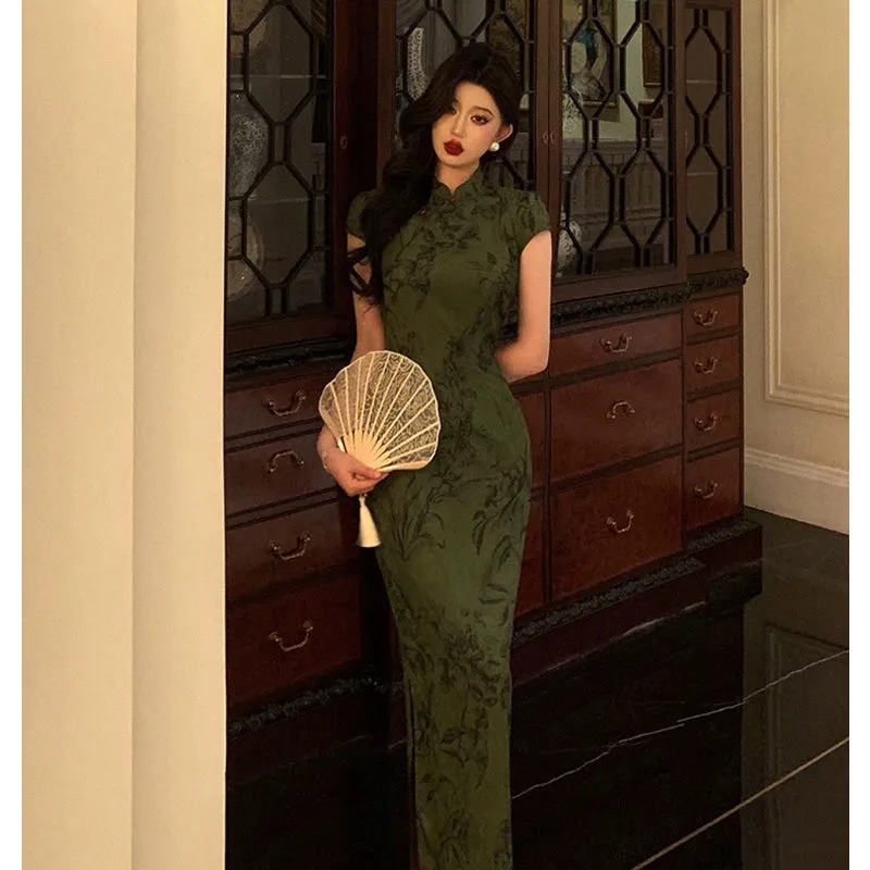 Short-sleeved cheongsam dress for women new retro jacquard slit long party dress     S5667