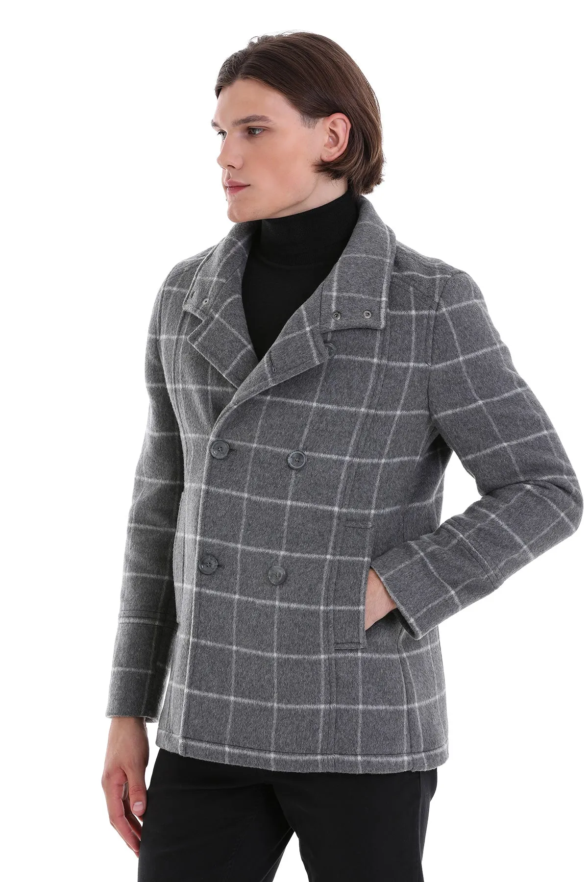 Slim Fit Double Breasted Gray Wool Blend Coat