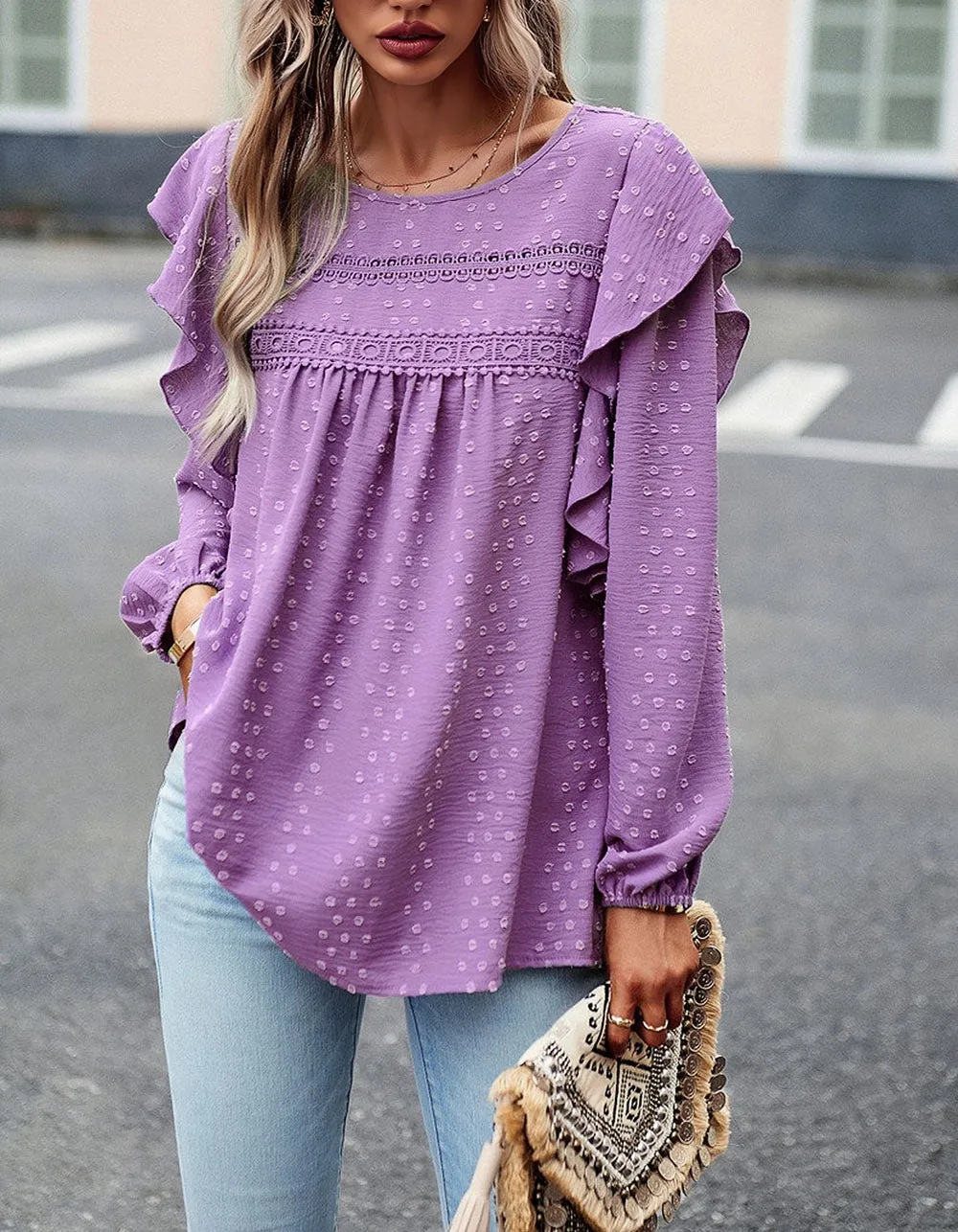 Solid-color Round Neck Long Sleeve Loose Bubble Sleeve Shirt