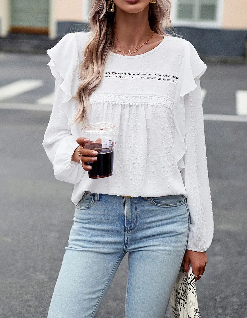 Solid-color Round Neck Long Sleeve Loose Bubble Sleeve Shirt